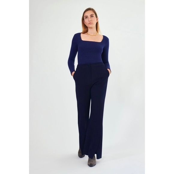 NANUSHKA Tulip Cady Flared Trousers Navy Blue Solid Slit Legs Office Small - Picture 1 of 15